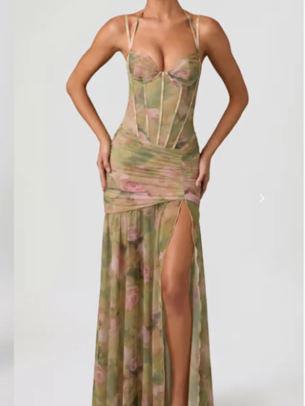 Oh Polly Haruna Ruched Asymmetric Corset Gown in Floral Multi Print - Picture 3 of 10